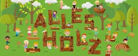 Auf der Comic Grafik steht mit Buchstaben in Holzoptik Alles Holz geschrieben. Daneben sind spielende Kinder zu sehen.
