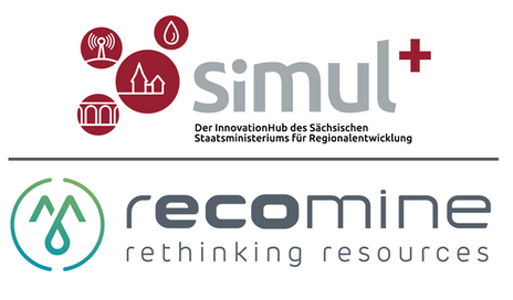 simul+ Logo mit roten Blasen und grünes recomine Logo