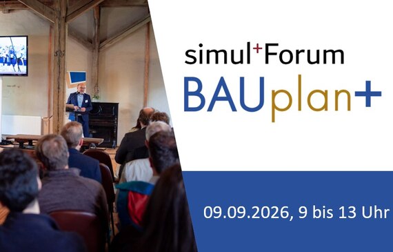 Bilder der Veranstaltung in gold und blau. Am rechten Bildrand ist ein Foto einer vorherigen Veranstaltung mit Publikum und Redner zu sehen.