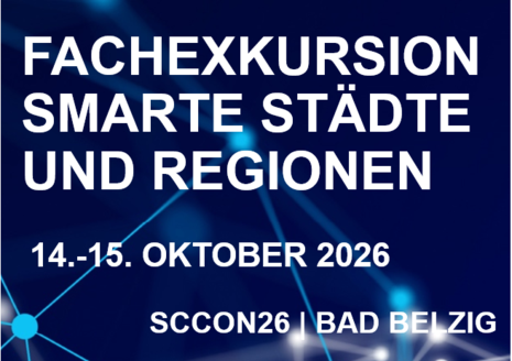Vor schwarzem Hintergrund mit einigen Linien ist mit weißer Schrift der Name der Veranstaltung "Fachexkursion Smarte Städte und Regionen"