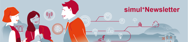 Animierte simul+Grafik in blau, rot und orange mit dem Schriftzug simul+Newsletter