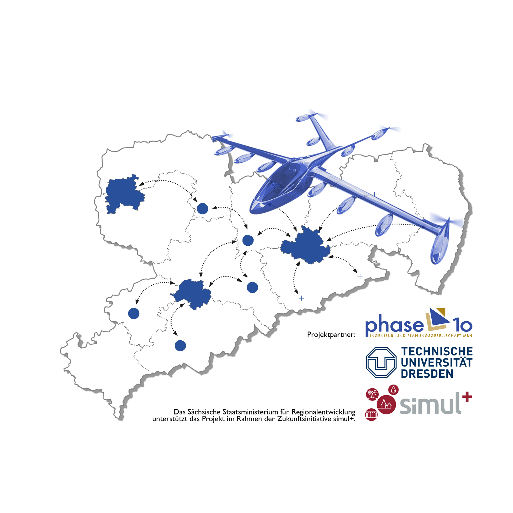 Flugtaxi über Karte des Freistaates Sachsen mit blauen Markierungen