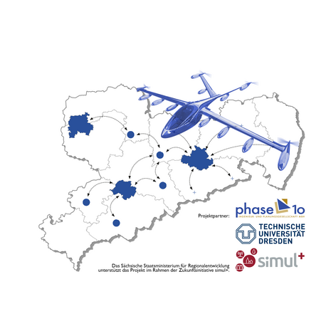 Flugtaxi vor sächsischer Karte mit blauen Markierungen