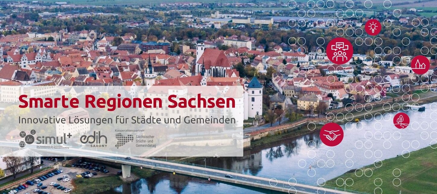 Ansicht einer Stadt aus der Vogelperspektive mit dem Schriftzug des Portals Smarte Regionen Sachsen und mehreren Logos