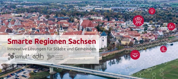 Ansicht einer Stadt aus der Vogelperspektive mit dem Schriftzug des Portals Smarte Regionen Sachsen und mehreren Logos