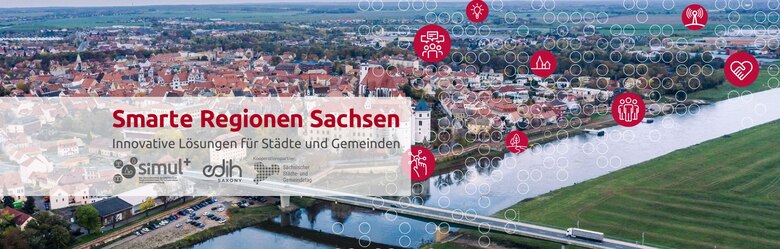 Im Hintergrund ist das Bild einer Stadt aus der Vogelperspektive zu sehen. Davor ist der Schriftzug Smarte Regionen Sachsen zu sehen.