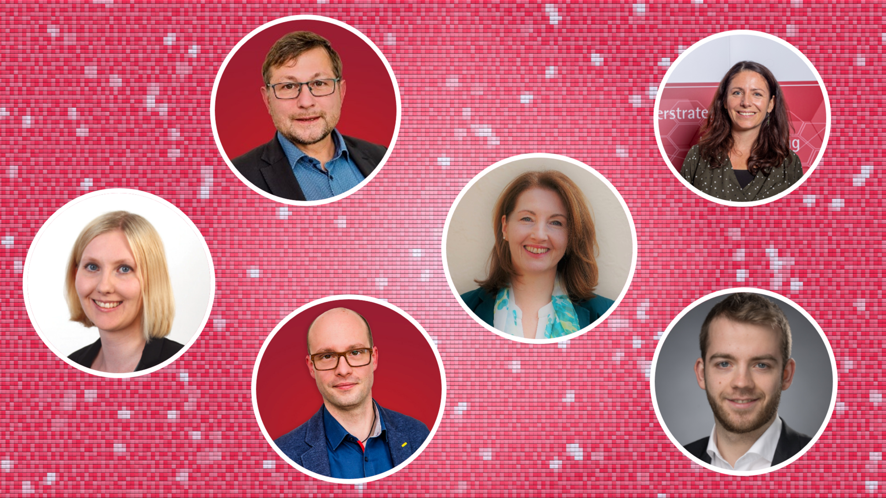 Portraitbilder der im simul+Team arbeitenden Menschen vor rotem Hintergrund