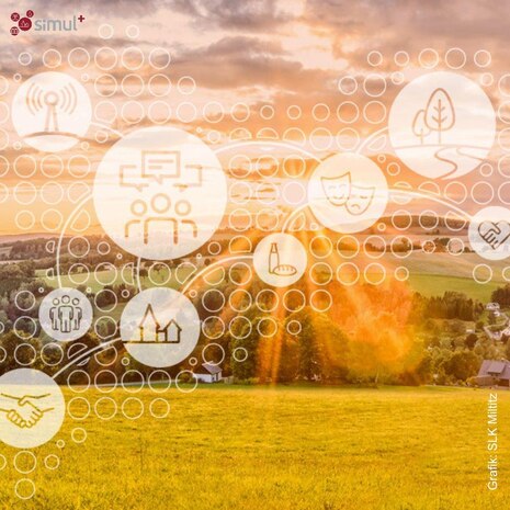 Leitmotiv - 6 weiße Icons, im Hintergrund Feld und Hügel Abendstimmung