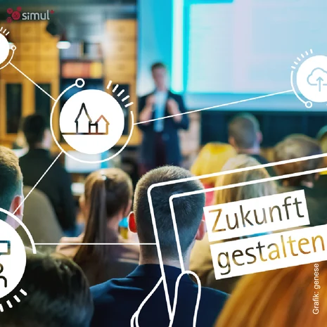 im Hintergrund Menschen bei einem Vortrag, im Vordergrund ein iPad mit dem Satz: Zukunft gestalten drauf geschrieben