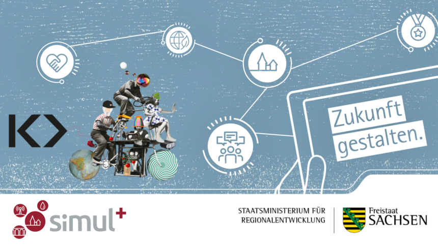 Das Bild zeigt die Logos der Veranstalter: KreativLandTransfer und simul+ und ein Symbolbild, das für Kreativität und Zusammenarbeit steht.