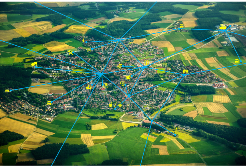 Ein Bild von einem Dorf, darübergelegt sind Linien, die andeuten sollen, dass man miteinander connected ist.
