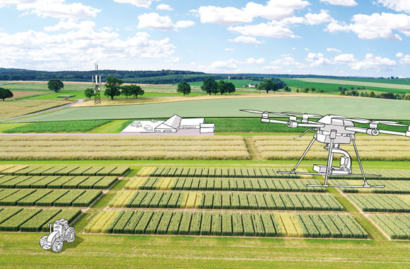 Drohnen fliegen über Landwirtschaftsflächen