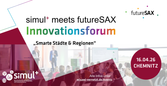 Veranstaltungsgrafik in rot und weiß mit Logos von simul+ und futureSAX mit dem Veranstaltungstitel sowie Thema