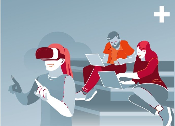 Comicgrafik in blau, orange und rot. Eine Frau hat eine VR Brille auf und tippt es mit ihrer Hand an und im Hintergrund sitzen zwei Personen auf einer Treppe und arbeiten an Laptops. Im rechten oberen Bildrand ist ein weißes + zu sehen.