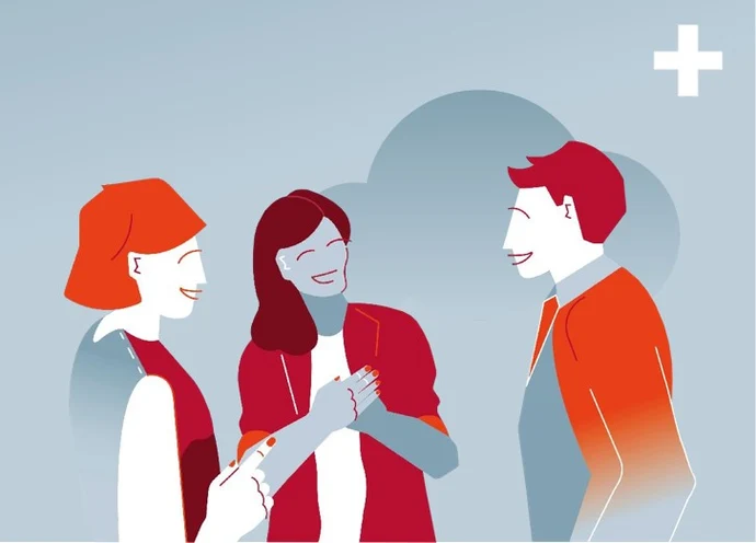 Comicgrafik in blau, orange und rot. Zwei Frauen stehen nebeneinander und blicken in Richtung eines Mannes. Am rechten oberen Bildrand ist ein weißes + zu sehen.