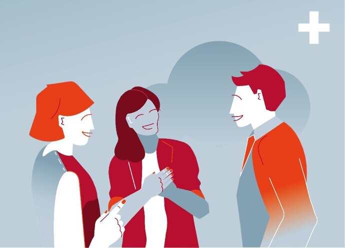 Comicgrafik in blau, orange und rot. Zwei Frauen stehen nebeneinander und blicken in Richtung eines Mannes. Am rechten oberen Bildrand ist ein weißes + zu sehen.