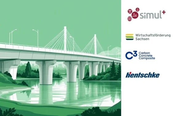 Neben einer mit KI generierten Grafik die eine Brücke in grün zeigt, sind vier Logos von Institutionen zu sehen.