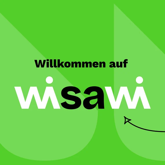 Schriftzug "willkommen auf wisawi" vor grünem Hintergrund und einem schwarzen Pfeil